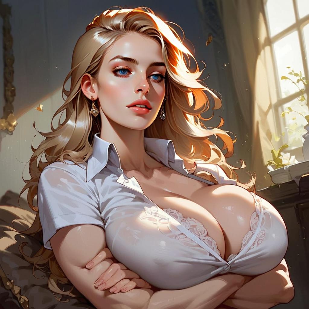 Blonde Anime Woman in White Blouse Digital Art Illustration