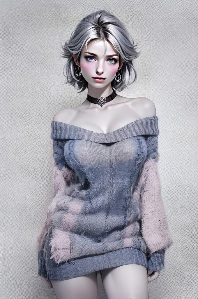 Stylized Digital Portrait of a Woman in Off-the-Shoulder Knit Sweater Dress