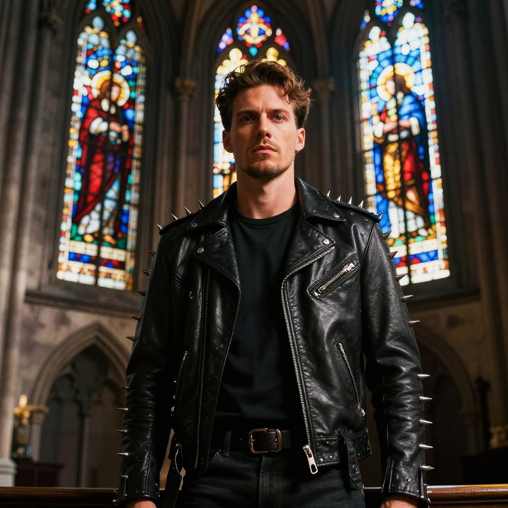 Young Man in Spiked Leather Jacket Inside Church with Stained Glass