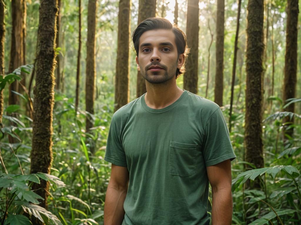 Man with Peso Pluma Hairstyle in Serene Forest