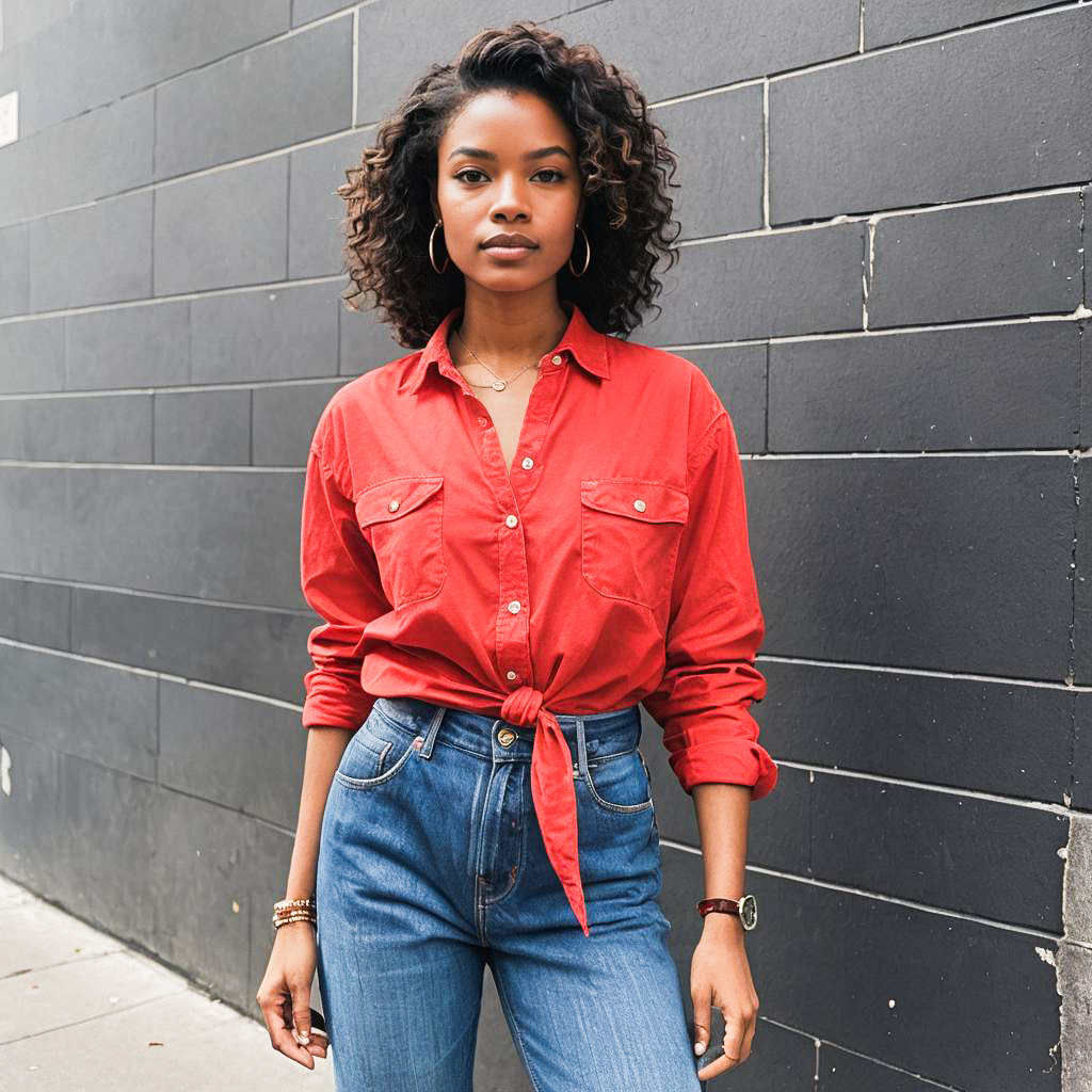 Confident Woman in Red Shirt and Blue Jeans Confident Woman in Red Shirt and Blue Jeans