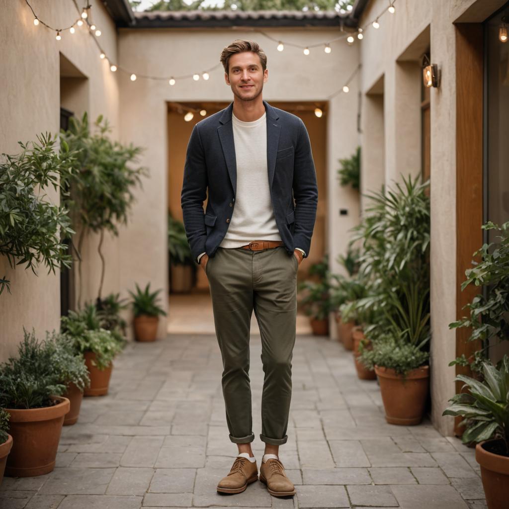 Stylish man in artistic outdoor setting with warm lighting