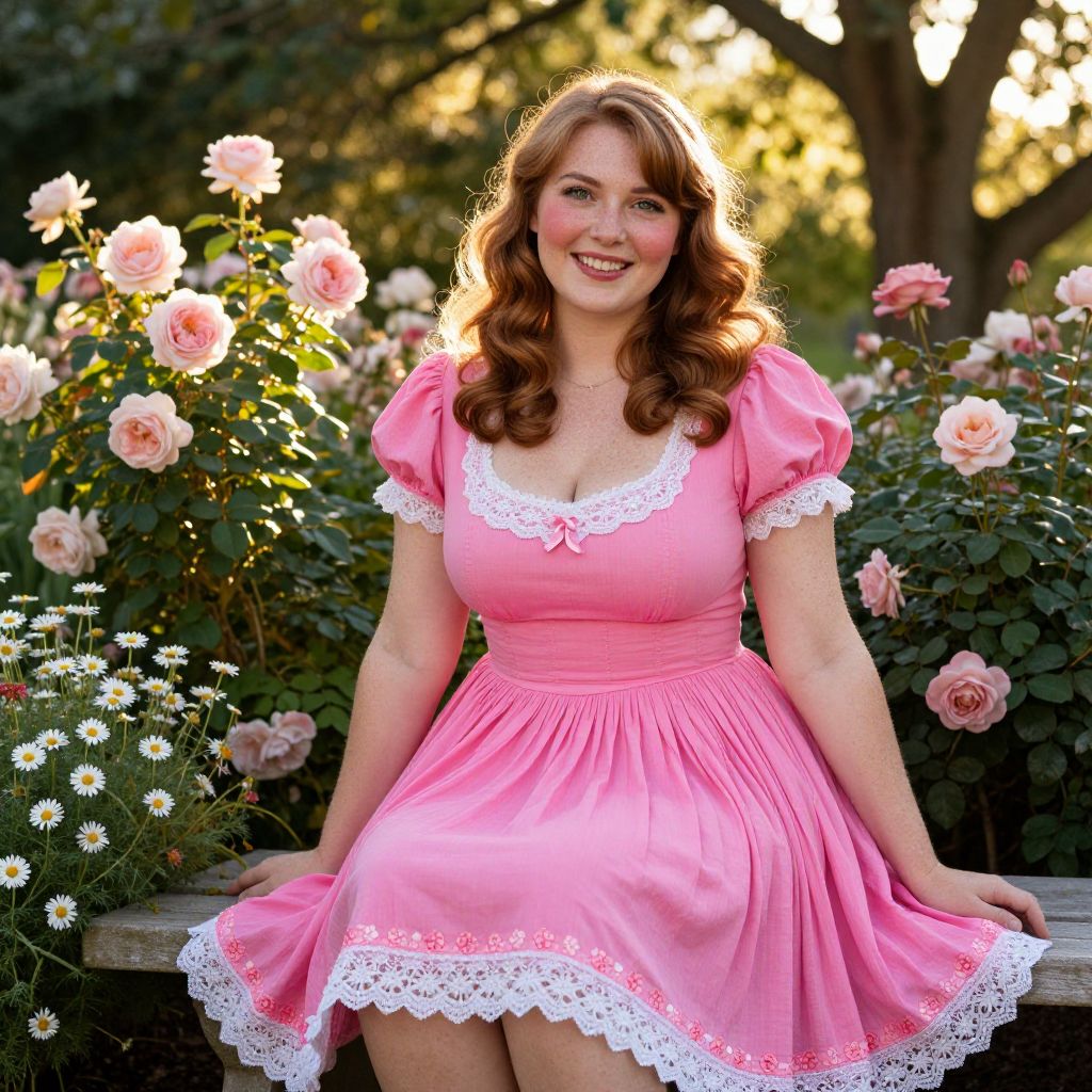 Young Woman in Pink Vintage Dress Sitting in Rose Garden