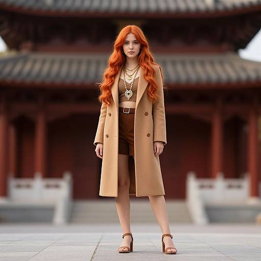 Fashionable Red-Haired Woman in Camel Coat Against Traditional Architecture