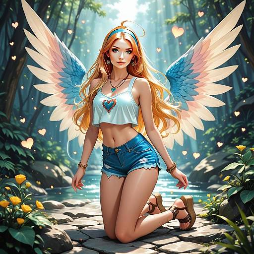 Fantasy Angel Woman in Forest Digital Illustration with Wings