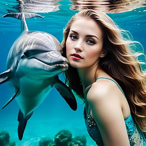Woman with Dolphin Underwater Portrait