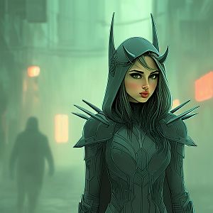 Fantasy Cyberpunk Warrior Woman in Spiked Armor with Horned Hood