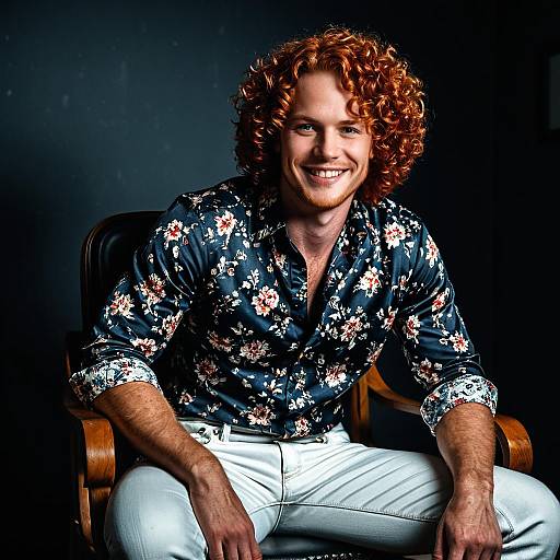 Confident Young Red-Haired Man in Floral Shirt Sitting on Chair
