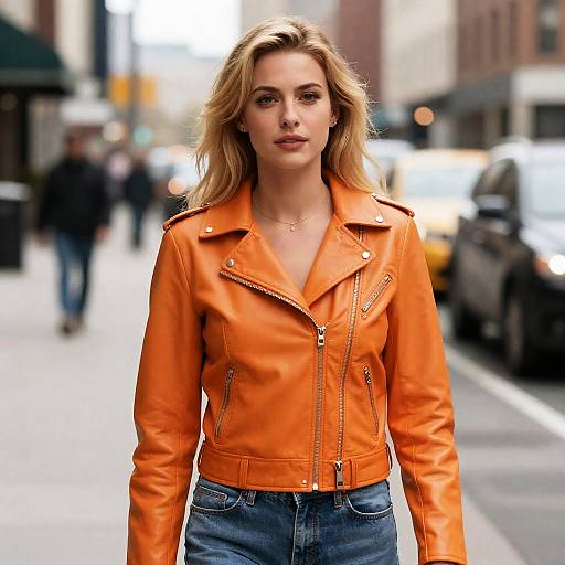 Blonde Woman Wearing Orange Leather Jacket in Urban Street Style