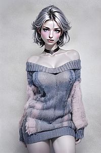 Stylized Digital Portrait of a Woman in Off-the-Shoulder Knit Sweater Dress