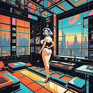 Futuristic Woman in Retro-Styled Penthouse with City Skyline View