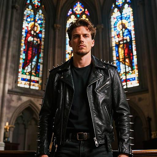 Young Man in Spiked Leather Jacket Inside Church with Stained Glass