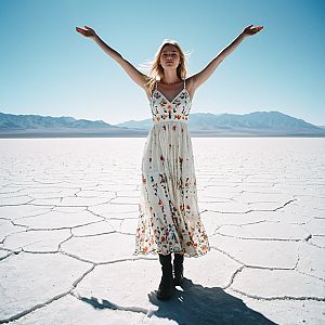 Woman in White Dress with Black Boots in Desert Landscape