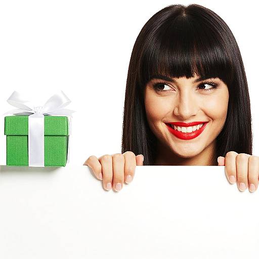 Smiling Woman Holding Blank Sign with Green Gift Box and White Ribbon