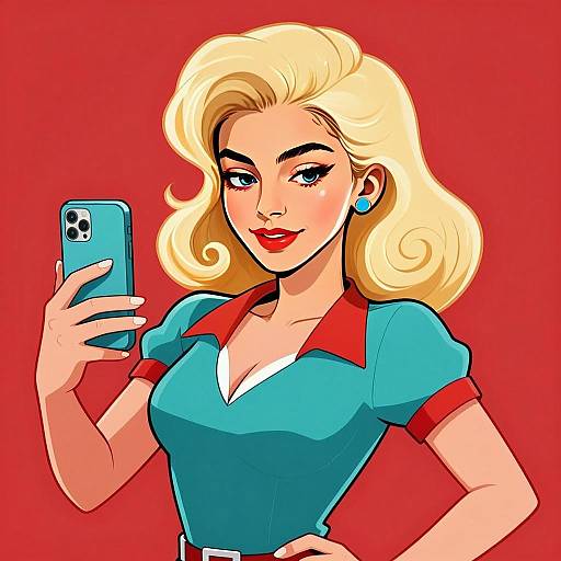 Confident Blonde Woman Taking Selfie in Retro Pop Art Style