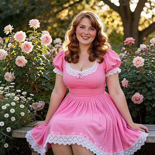 Young Woman in Pink Vintage Dress Sitting in Rose Garden