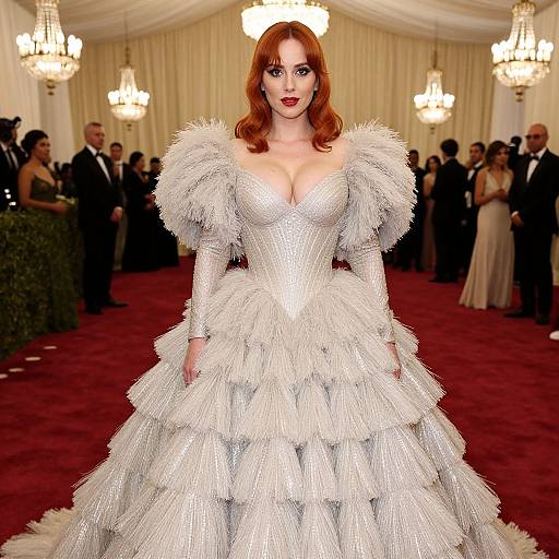 Woman in Dramatic Silver Tiered Ruffle Gown on Red Carpet