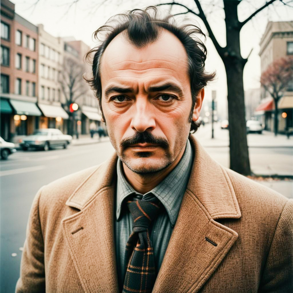 Rugged Man with Mustache in Vintage 1970s Urban Setting