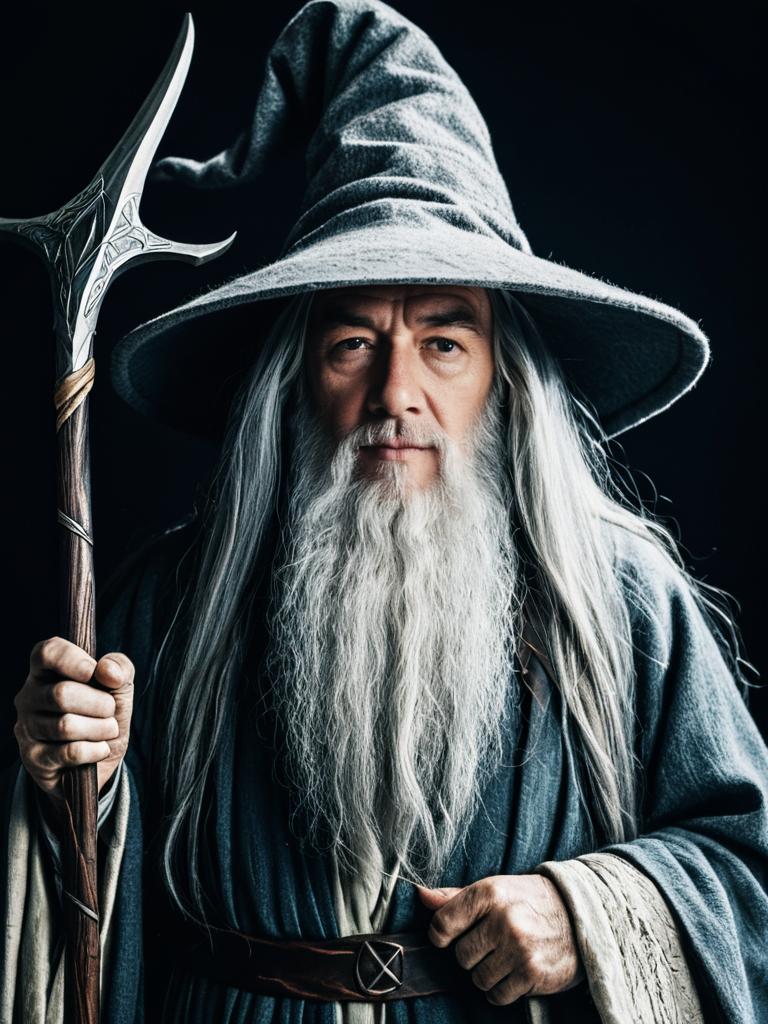 Photorealistic Portrait of Man in Gandalf Costume with Wizard Staff Cosplay