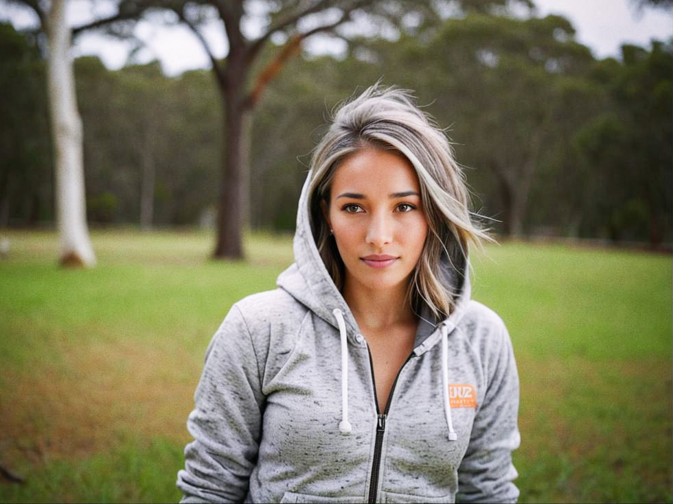 Confident Young Woman in Gray Hoodie Outdoors