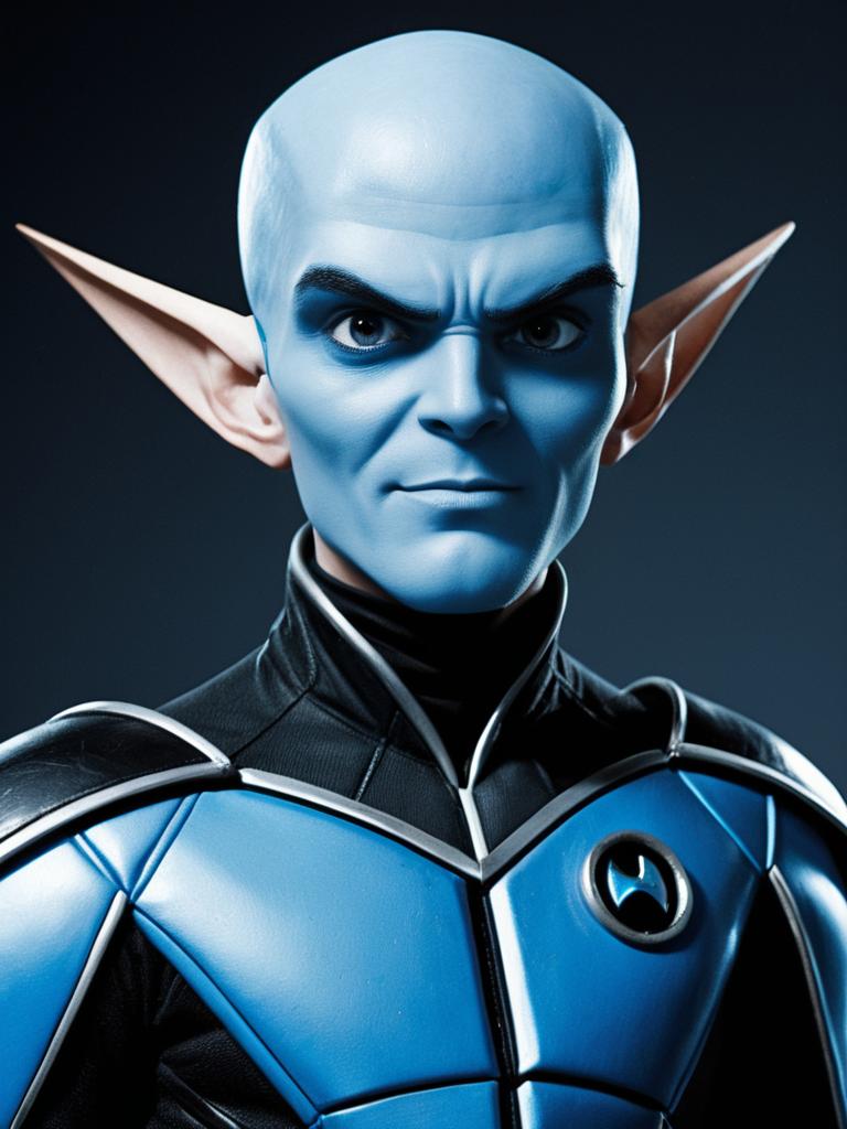 Photorealistic Man in Megamind Costume Sharp Detail Studio Portrait