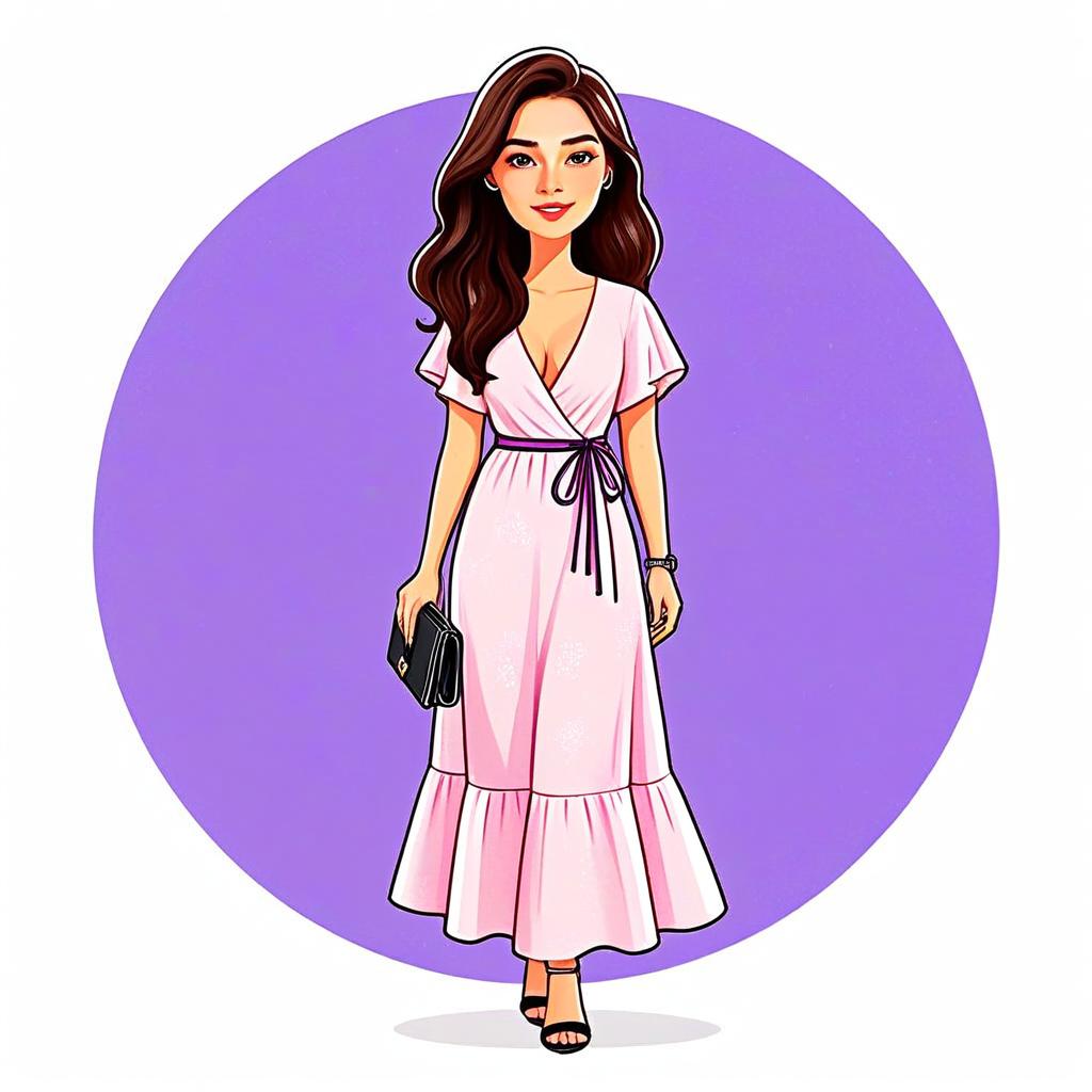 Stylish Woman in Pink Maxi Wrap Dress with Plunging Neckline Illustration
