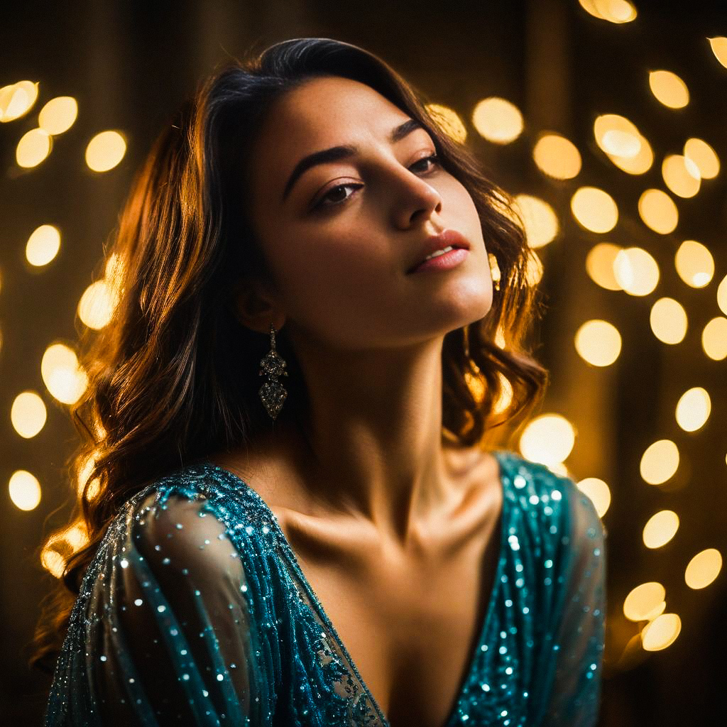 Elegant Woman in Teal Dress with Bokeh Lights Elegant Woman in Teal Dress with Bokeh Lights