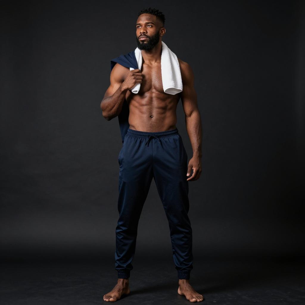 Muscular Man Standing Barefoot with Towel and Navy Pants Fitness Portrait