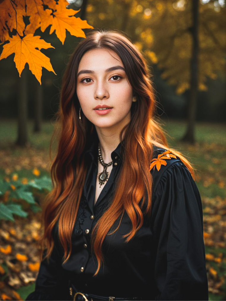 Woman with Autumn Hair in Serene Outdoor Setting