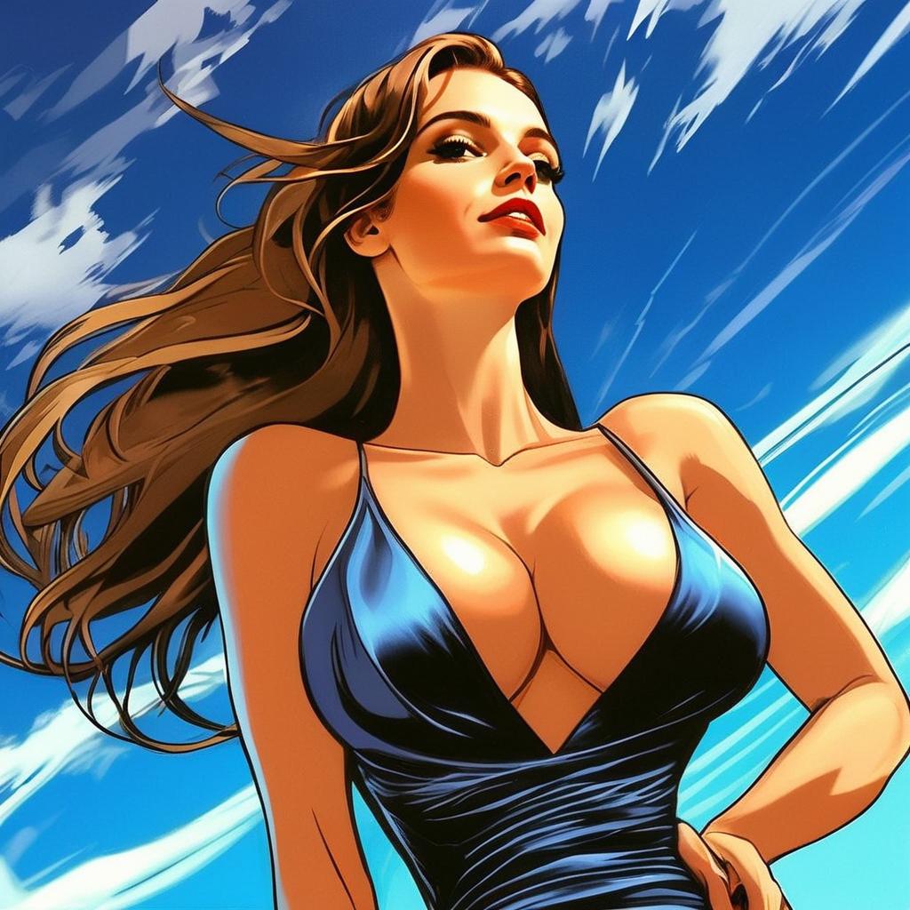 Confident Woman in Blue Dress Digital Illustration Against Sky Background