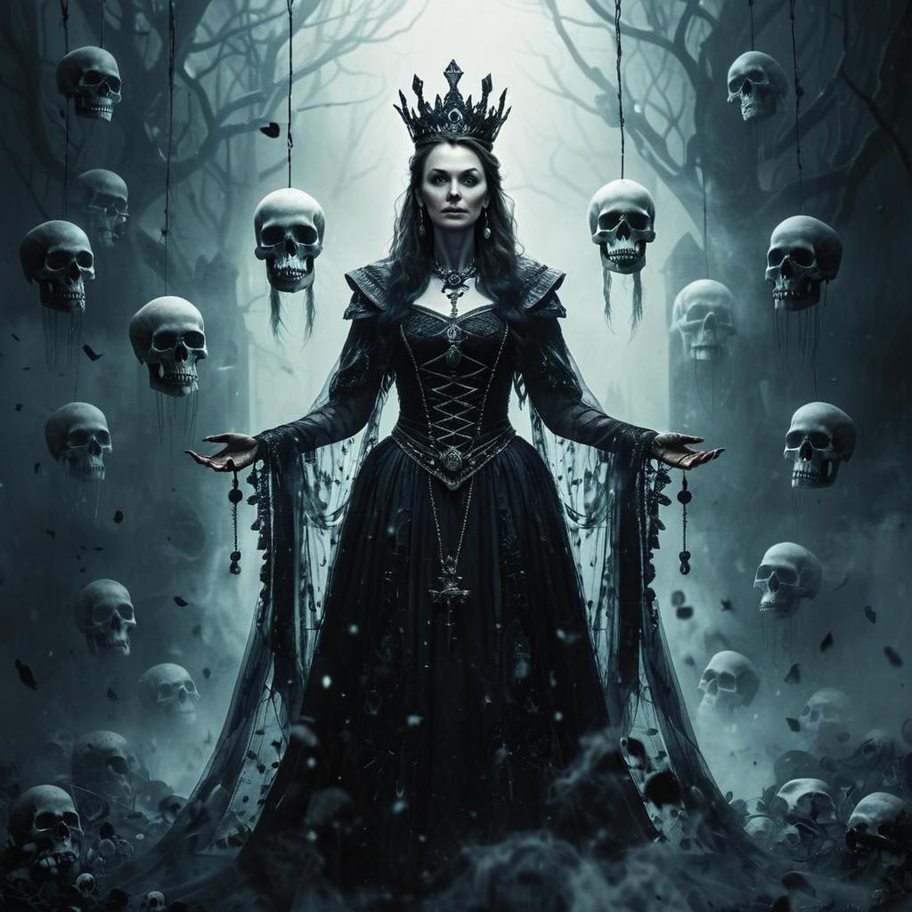 Gothic Dark Queen Surrounded by Floating Skulls in Haunted Forest