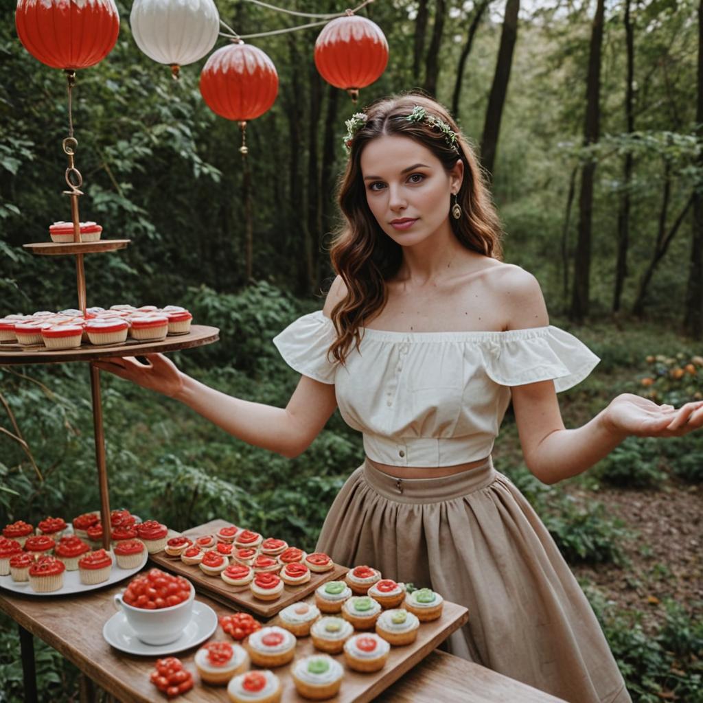 Woman with Colorful Cupcakes in Forest