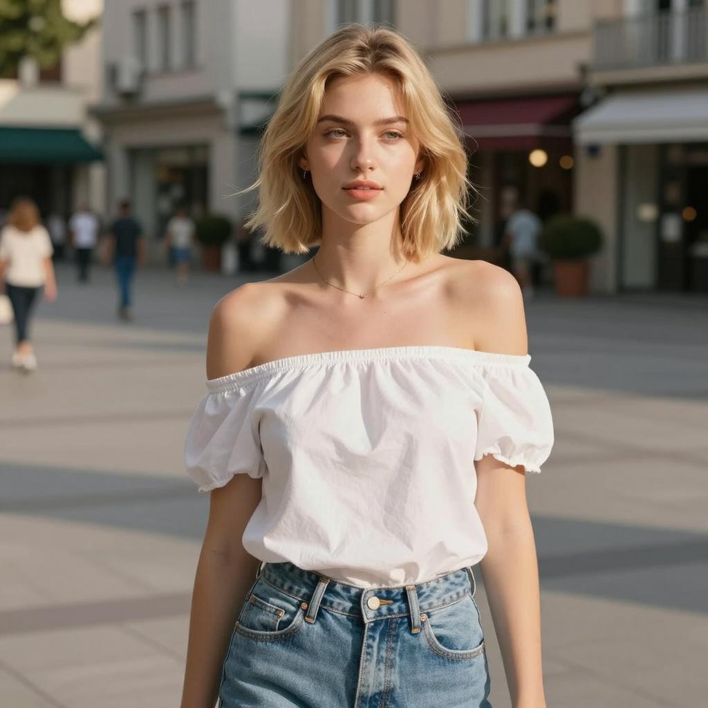 Young Blonde Woman in White Off-Shoulder Top with Gen Z Style Outdoors