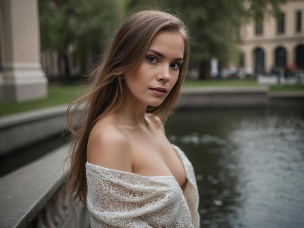 Thoughtful Young Woman in Lace Shawl by Pond