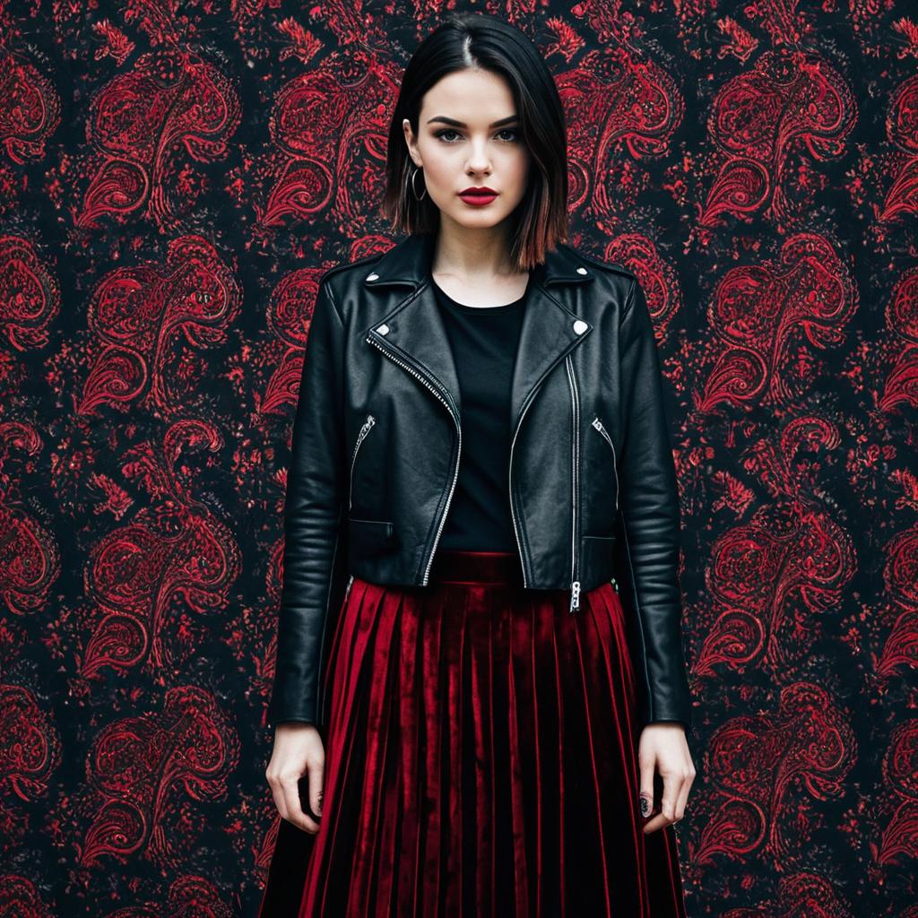 Stylish Woman in Black Leather Jacket and Red Velvet Skirt Against Paisley Pattern