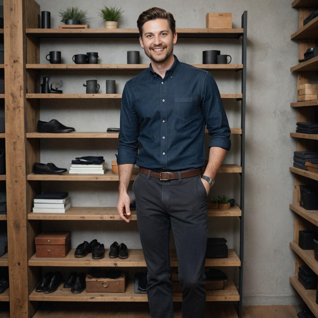 Stylish Man in Retail Space with Shoes and Accessories