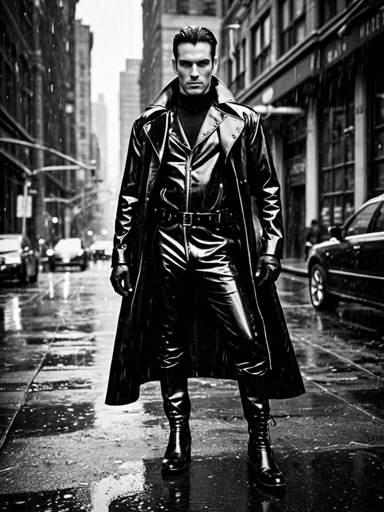 Stylish Man in Black Patent Leather Trench Coat and Boots on Urban Street