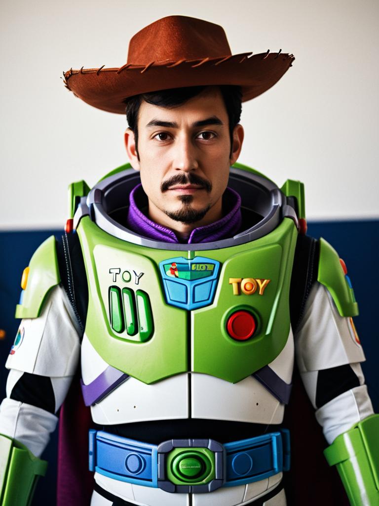 Photorealistic Man in Toy Story Buzz Lightyear Cowboy Cosplay Costume Portrait