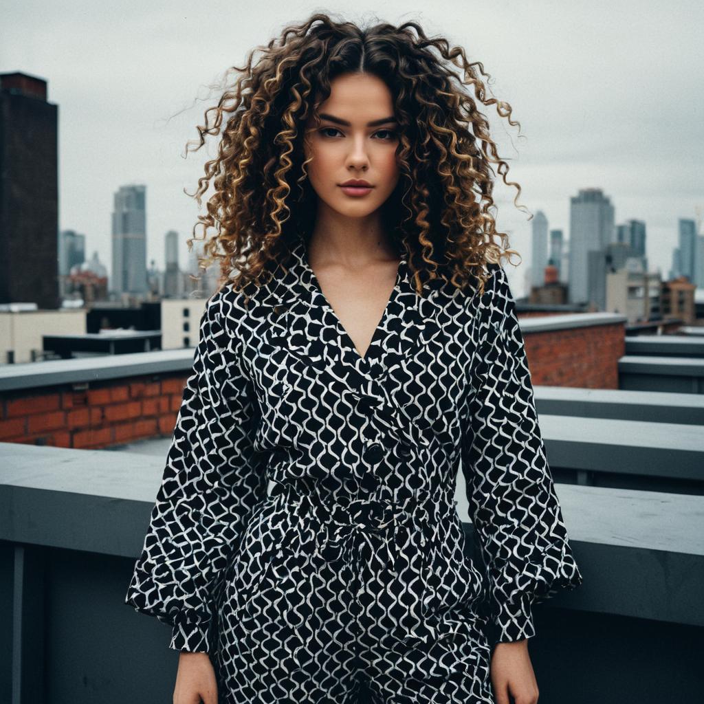 Urban Fashion Portrait of Woman with Curly Hair in Patterned Jumpsuit