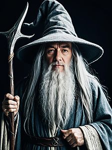 Photorealistic Portrait of Man in Gandalf Costume with Wizard Staff Cosplay