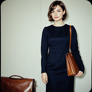 Elegant Woman in Dark Formal Dress with Handbag