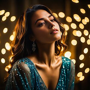 Elegant Woman in Teal Dress with Bokeh Lights