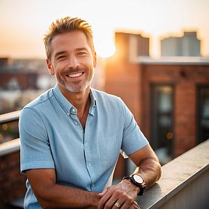 Smiling man in blue shirt on rooftop at sunset