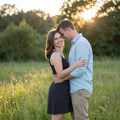 Romantic Couple Embracing in Sunlit Meadow During Golden Hour
