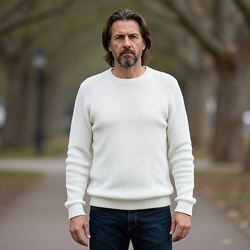 Serious Man Wearing White Sweater Standing Outdoors on Pathway