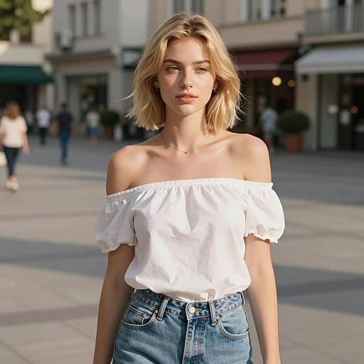 Young Blonde Woman in White Off-Shoulder Top with Gen Z Style Outdoors
