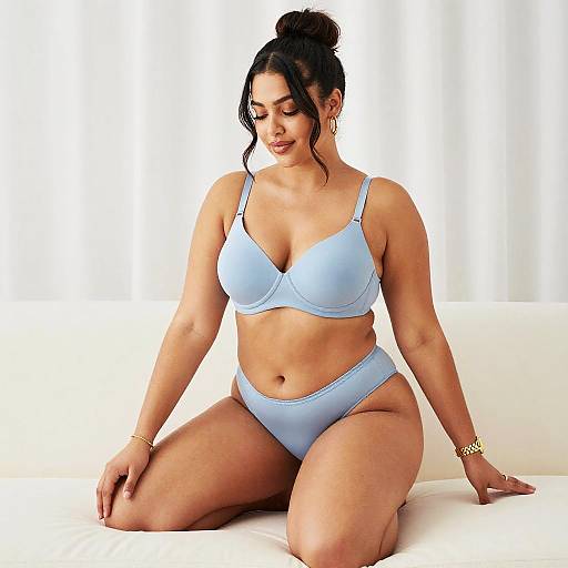 Confident Woman in Light Blue Lingerie Set Sitting on Couch