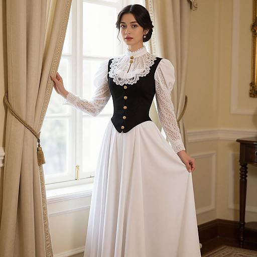 Victorian Style Woman in Lace Dress and Black Corset by Window
