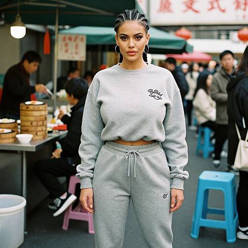 Young Woman in Gray Athleisure Outfit at Busy Asian Street Market