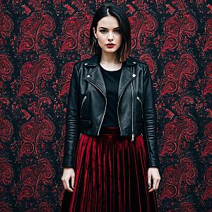 Stylish Woman in Black Leather Jacket and Red Velvet Skirt Against Paisley Pattern